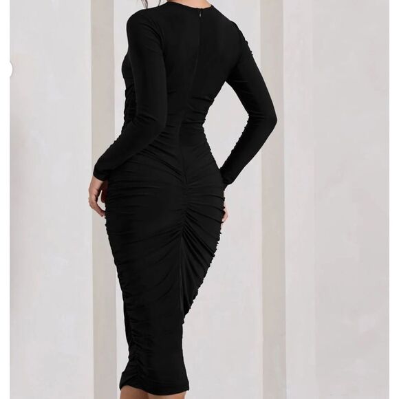 CLUB L LONDON EMILIE
BLACK RUCHED LONG-SLEEVE MIDI DRESS SIZE 2 NWT - Picture 2 of 9